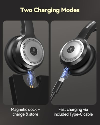 TECKNET Wireless Headset for Work Bluetooth Headphones with Mic USB Dongle | 45Hrs Worktime, AI Noise Cancelling, Charging Base, Computer Headset for PC Laptop Calls, Meetings and Office Use