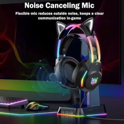 Gaming Headset with Microphone, Cat Ear Headphones for PC Laptop PS4 PS5 Xbox Switch, Rainbow RGB Lighting & Virtual Surround Sound, 3.5mm Wired Over Ear Headphones, Ergonomic - color: Black Cat Ear