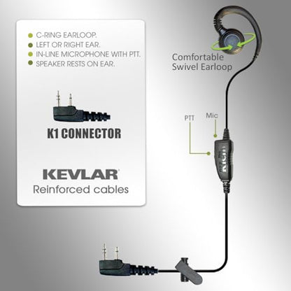 Klein Electronics Curl 2 Pin PTT Earpiece - in-Line Mic PTT Button 2 Way Radio Earpiece Headset Single Wire for Blackbox Zone Blackbox Bantam Kenwood TK Series Hytera and Other 2 pin Radios
