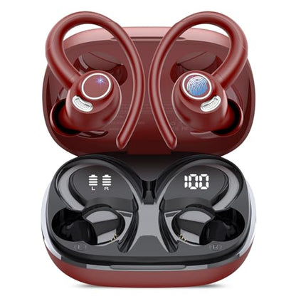 Wireless Earbuds, Bluetooth 5.4 Headphones Sport Over Ear Buds With ENC Mic | Noise Cancelling,48H, Wireless Earphone With Earhooks, Stereo Deep Bass, IP7 Waterproof ear bud for Workout Running,Light Red - color: Red