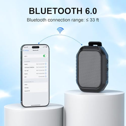 Wearable Speaker, IPX7 Clip-On Portable, BT 6.0, TWS, Hands-Free | IPX7 Waterproof, BT 6.0, TWS Pairing, Hands-Free Calls, Clip-On Design for Golf, Camping, Work