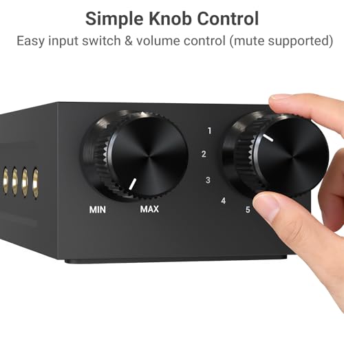 3.5mm 6-in-1 Stereo Audio Switcher with Volume Control & Mute, 6 Input to 1 Output Audio Selector Box for Headphones, Speakers, Laptop, PC, Smartphone, and Tablet