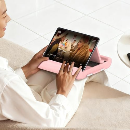Tablet Pillow Stand, Foldable Tablet Holder for Lap, Bed, Soft Pillow Pad | with Pocket and Stylus Mount, for 4-13" Tablets, Like iPad Pro 11, 13, Air, Mini, Kindle, Galaxy Tab, Pink - color: Pink