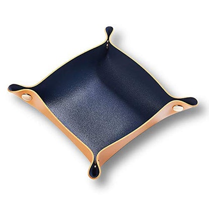 Faux Leather Valet Tray, Yellow + Navy Blue | Travel Nightstand Organizer, Small Jewelry Catchall, For Candy Key Phone Wallet Glasses Headphone Watch - color: Yellow + Navy Blue