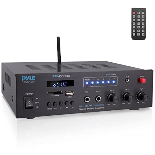 Pyle 300W Bluetooth Karaoke Amplifier - 2-Channel PA System with FM Radio - USB/SD - AUX - 2 Mic Inputs - Siren Alarm - 12V Power Option - Remote Control for Home, Car, and Bus Tours - PFA600BU