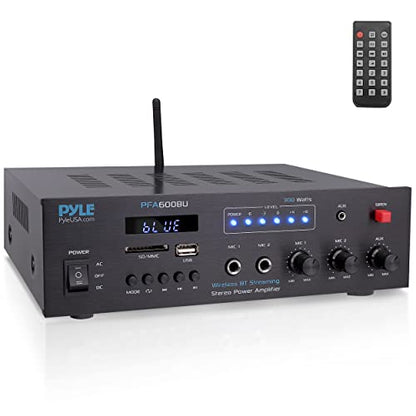 Pyle 300W Bluetooth Karaoke Amplifier - 2-Channel PA System with FM Radio - USB/SD - AUX - 2 Mic Inputs - Siren Alarm - 12V Power Option - Remote Control for Home, Car, and Bus Tours - PFA600BU