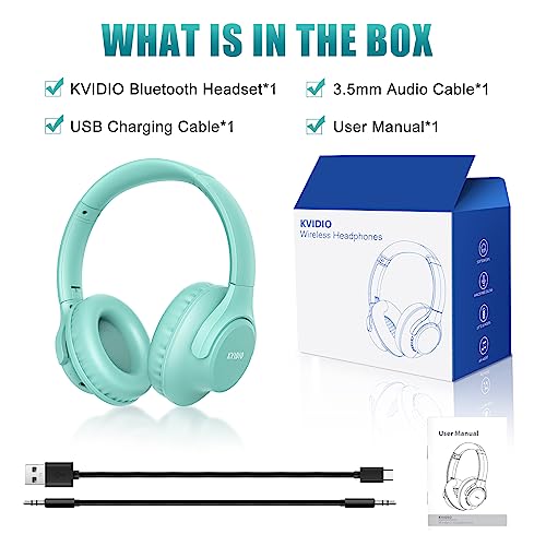 KVIDIO Bluetooth Headphones Over Ear, 65 Hours Playtime Wireless Headphones with Microphone, Foldable Lightweight Headset with Deep Bass, HiFi Stereo Sound Low Latency for Travel Work Cellphone - color: Green