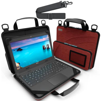 UZBL 13-14 Inch Always-on Chromebook Protective Hard Case with Accessory Pouch and Adjustable Shoulder Strap - color: Deep Red