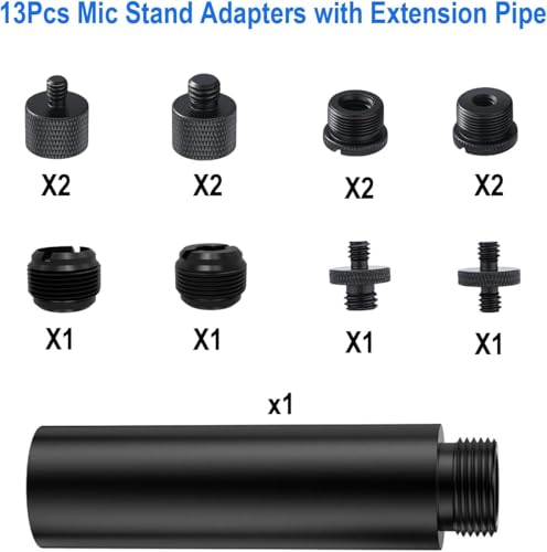 Microphone Mount Adapter Screw Set, 14 Pack, Black Aluminum Alloy, 3/8 Turn, 5/8 and 1/4 Thread, With Extension Tube, For Microphone Cantilever Camera Tripod Projector Stand, Fill Light