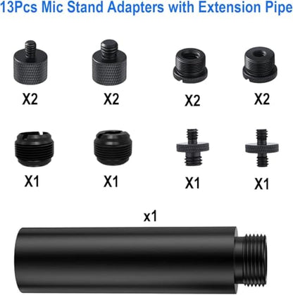 Microphone Mount Adapter Screw Set, 14 Pack, Black Aluminum Alloy, 3/8 Turn, 5/8 and 1/4 Thread, With Extension Tube, For Microphone Cantilever Camera Tripod Projector Stand, Fill Light