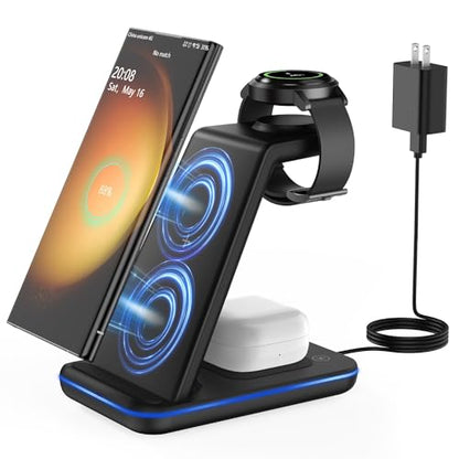 JoyGeek Wireless Charger for Samsung, 3 in 1 Charging Station for S26/S25/S24/S23/S22/S21/S20/Note20/Z Fold&Flip Series, Galaxy Watch8/7/6/5/4/3/Active2/1, Buds 3 Pro - color: Lividity