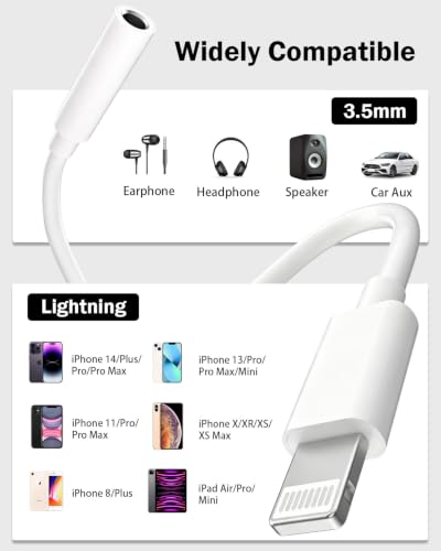 [Apple MFi Certified] Lightning to 3.5mm Headphone Jack Adapter for iPhone | Clear Audio for Music and Media; Compatible with iPhone 14/13/12/11/X/XS/8/7; Compact White 3-Pack, Plug and Play. - size: 3 Pack