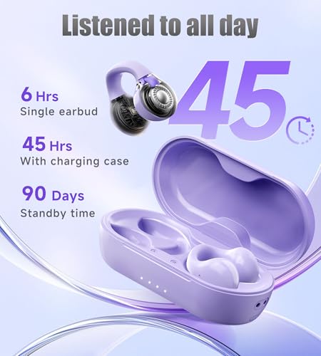 King Lucky i21 Open Ear Clip On Earbuds Wireless Bluetooth Ear Clip Headphones with Mic,Noise Cancelling, Waterproof IPX4,for Small Ears,Perfect for Running,Sports,Glasses Wearers (Purple) - color: Purple