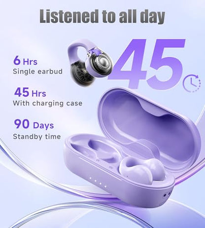 King Lucky i21 Open Ear Clip On Earbuds Wireless Bluetooth Ear Clip Headphones with Mic,Noise Cancelling, Waterproof IPX4,for Small Ears,Perfect for Running,Sports,Glasses Wearers (Purple) - color: Purple