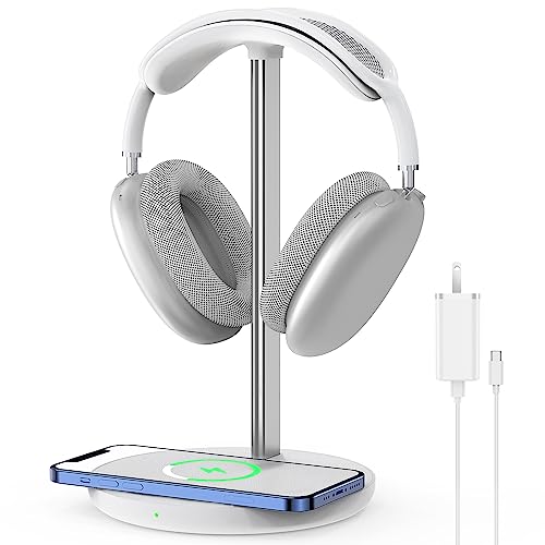 Hiwe Headphone Stand with Wireless Charger, Gaming Headset Holder for Desk | 2 in 1 Charging Station for iPhone, Samsung, AirPods and Desk All Headphones, Aluminum Support Rod, Heavy Base Stand, White - color: White
