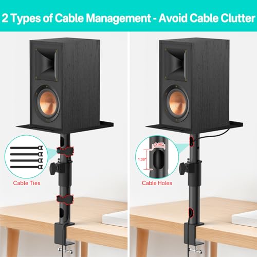 Clamp-on Desktop Speaker Stands Pair for Klipsch Bookshelf Speaker Stand - Height Adjustable Speaker Stand Desk for Klipsch R-50M, R-51M, R-41M, R-15PM and More Speakers Desk Stand Wr Cable Management