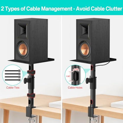 Clamp-on Desktop Speaker Stands Pair for Klipsch Bookshelf Speaker Stand - Height Adjustable Speaker Stand Desk for Klipsch R-50M, R-51M, R-41M, R-15PM and More Speakers Desk Stand Wr Cable Management