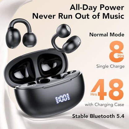 Clip on Earbuds Open Ear Wireless Bluetooth 5.4 Headphones with Noise Cancelling Mic, 48H Playtime Ear Buds,IP68 Waterproof, Comfortable for Small Ears (Black)
