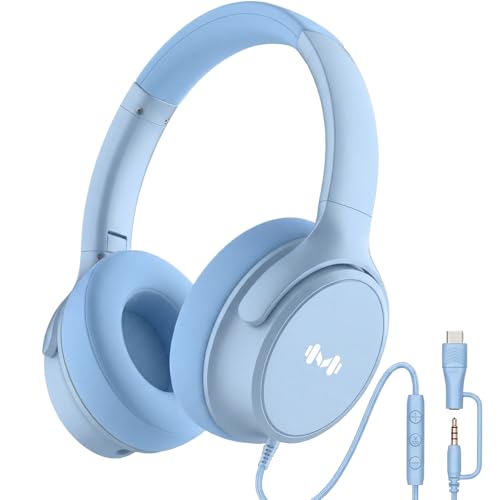 Wired Over-Ear Headphones, Mic, 3.5mm, USB-C Adapter, Blue | Over-ear comfort with inline mic, volume control, 3.5mm jack, and USB-C adapter for phones, laptops, PCs, and tablets. - color: Blue