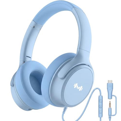 Wired Over-Ear Headphones, Mic, 3.5mm, USB-C Adapter, Blue | Over-ear comfort with inline mic, volume control, 3.5mm jack, and USB-C adapter for phones, laptops, PCs, and tablets. - color: Blue