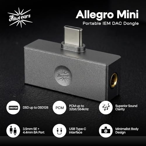 Linsoul Kiwi Ears Allegro Mini Portable IEM DAC, in Ear Monitor Amplifier, USB C to 3.5/4.4mm Output, with Custom Chip, High Resolution 32bit/384kHz, HiFi Earbuds Amp for Phone/PC (Titanium) - color: Titanium