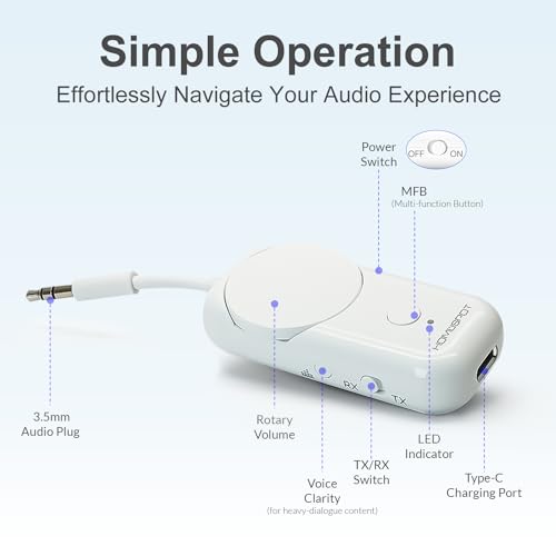 Bluetooth 5.3 Airplane Adapter, Rotary Volume, aptX Low Latency & Adaptive, 25 Hrs, Use with Any 3.5mm Jack on Airplanes, TVs, Car, Gym, Ideal for AirPods, Headphones and More, White - color: White