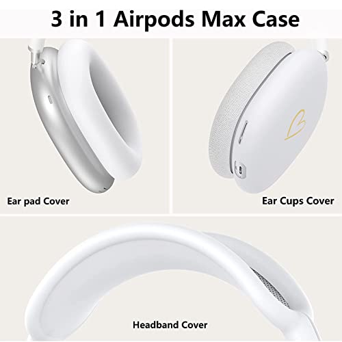 Case Cover for AirPods Max,Anti-Scratch Soft Silicone with Gold Heart Pattern Ear Cups Case Cover/Ear Pad Cover/Headband Cover for Apple Airpod Max Headphones (White) - color: White
