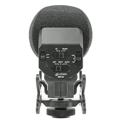 Azden SMX-30 Stereo/Mono Switchable Video Microphone | Swiveling Shock-Mount, Isolating Shock Mount, Recording a musical performance but want to tighten up the center image - style: SMX-30