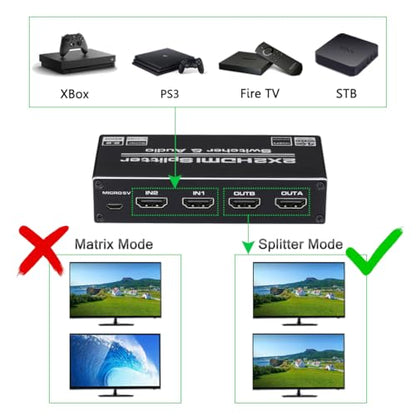 HDMI Switch 2x2, 2 Ports HDMI Switch Splitter 2 in 2 Out with IR Remote Control, Support HDMI 2.0, HDCP 2.2, Ultra HD, 4K x 2K@60Hz, 3D, 1080P (Dual Monitors Duplicate/Mirror Only)