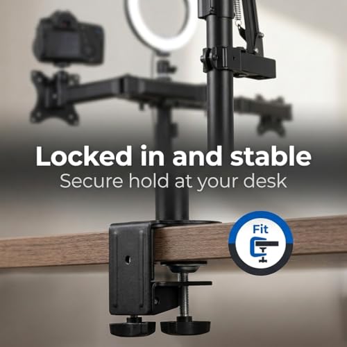 Mount-It! All in One Live Streaming Equipment - 5 Arm Desk Mount - Holds Dual Monitors, Cameras, Ring Light with Mic Desktop Stand Set, YouTube Setup for Podcasting, Gaming, Zoom, Clamp/Grommet Base - size: 5 arm