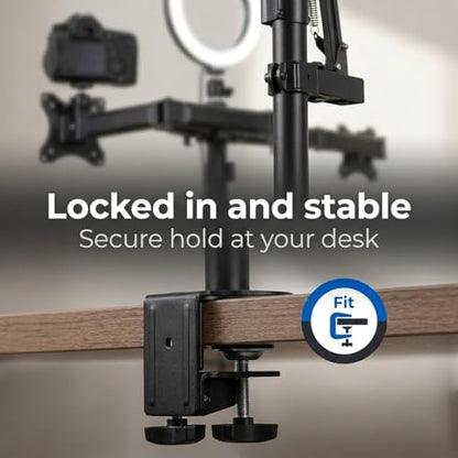 Mount-It! All in One Live Streaming Equipment - 5 Arm Desk Mount - Holds Dual Monitors, Cameras, Ring Light with Mic Desktop Stand Set, YouTube Setup for Podcasting, Gaming, Zoom, Clamp/Grommet Base - size: 5 arm