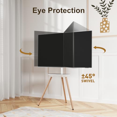 Tripod TV Stand for 43-65" TVs, Swivel, White | Height-adjustable easel TV stand, wood media shelf, cable management and VESA up to 400x400 - color: White, size: 43–65 Inch TVs