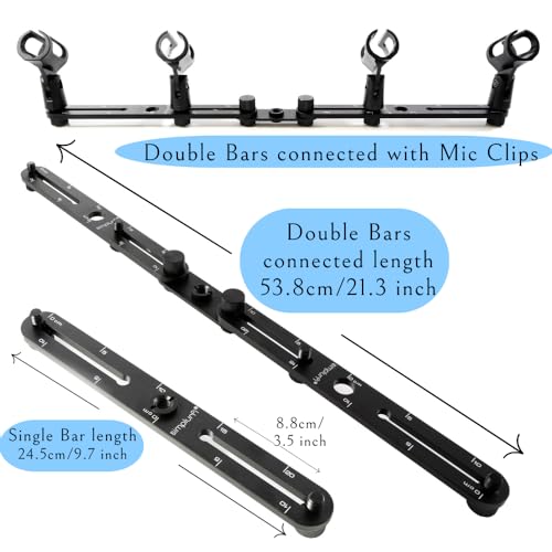 Stereo Array Spacing Bar Microphone Holder with Ruled Markings Assembled - Mount 4 Mics - X-Y and ORTF Mic T-Bar Bracket, Fits 3/8" and 5/8" Mic Stands with Included Adapter