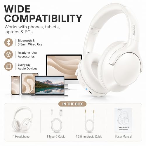 MIDOLA Bluetooth Headphones Wireless 68H with Mic,Decent Sound-Acceptable | Adjustable Headband Foldable Over-Ear Lightweight Headsets for Toddler Girls Boys Tablet/iPad,HD Stereo,Built-in Mic,White - color: White