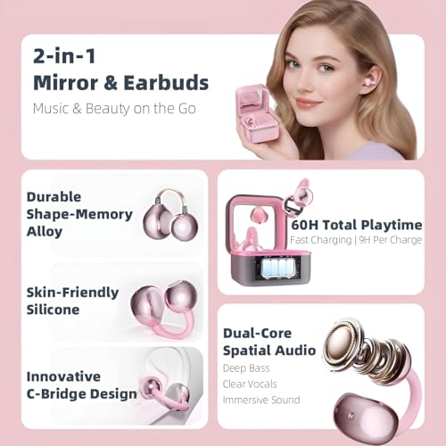 Wireless Earbuds with LED Makeup Mirror Case, Bluetooth 6.0 Open Ear Clip-On Headphones, Cute Pink Air Conduction Earphones for Women, Low Latency, Secure Fit for Running & Travel - color: Pink