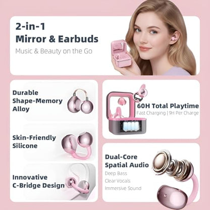 Wireless Earbuds with LED Makeup Mirror Case, Bluetooth 6.0 Open Ear Clip-On Headphones, Cute Pink Air Conduction Earphones for Women, Low Latency, Secure Fit for Running & Travel - color: Pink