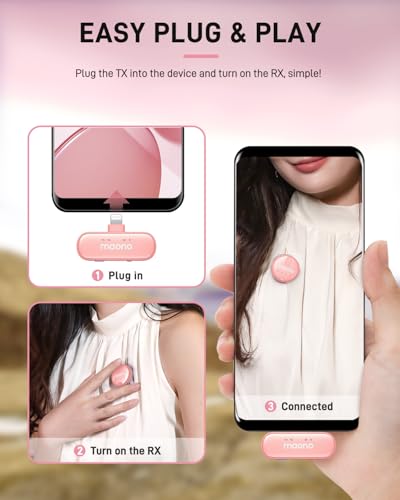 MAONO Wireless-Lavalier-Microphone for iPhone iPad, Wireless Lapel Mic with 48KHz/16Bit, Noise Cancellation, 328ft Range, 18H Battery for TikTok, YouTube, Vlogging, Video Recording, Streaming (Pink)