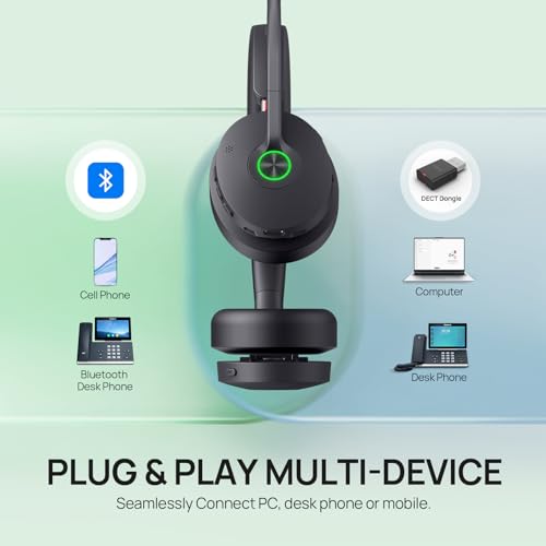 Yealink WH68 Hybrid Wireless Headset with Noise Cancelling Mic for Office | ANC Headphones,DECT and Bluetooth Dual-Connect,Teams Certified,6 Mics,492ft Range,32H Call Time,PC/Laptop/Desktop/Work/Zoom