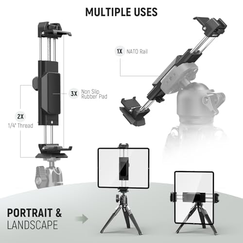 NEEWER Tablet Metal Holder for iPad Tripod Mount Adapter with Cold Shoe, Arca Type Base, NATO Interface, 1/4" Screw for iPad mini Air Pro Surface Pro (7.9" to 12.9"), Universal Tablet Clamp, PA100 - style: PA100