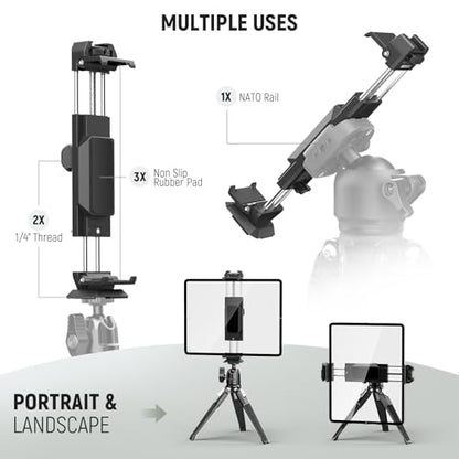 NEEWER Tablet Metal Holder for iPad Tripod Mount Adapter with Cold Shoe, Arca Type Base, NATO Interface, 1/4" Screw for iPad mini Air Pro Surface Pro (7.9" to 12.9"), Universal Tablet Clamp, PA100 - style: PA100