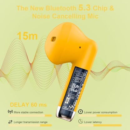 Wireless Earbuds, Bluetooth 5.4 Headphones in Ear with Noise Cancelling Mic | Bluetooth Earbuds Stereo Bass, IP7 Waterproof Sports Earphones, 32H Playtime USB C Charging Ear Buds Yellow for Android iOS - color: butter yellow