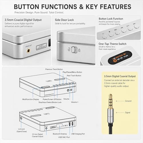 SHANLING EC Play Portable HiFi CD Player,USB DAC,CS43198 DAC+Dual SGM8262,384kHz/32bit,DSD256,Two-Way Bluetooth 6.0, LDAC,Up to 700mW@32Ω Output,3.5mm+4.4mm Headphone Output,Coaxial,1.12-in Screen - color: Black