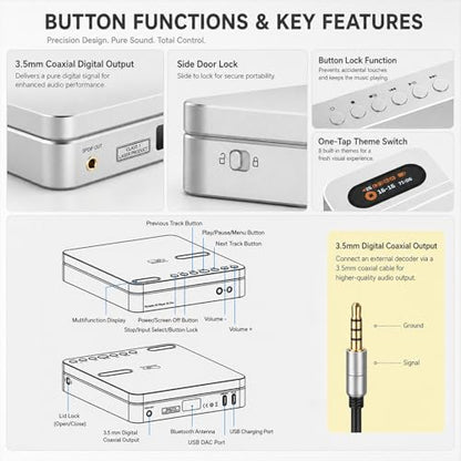SHANLING EC Play Portable HiFi CD Player,USB DAC,CS43198 DAC+Dual SGM8262,384kHz/32bit,DSD256,Two-Way Bluetooth 6.0, LDAC,Up to 700mW@32Ω Output,3.5mm+4.4mm Headphone Output,Coaxial,1.12-in Screen - color: Black