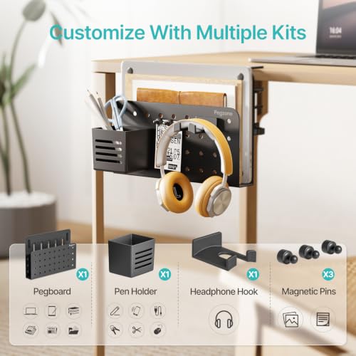 Desk Side Storage Organizer, Fits Flat Edge 0.4" to 2.2", Black | No Drill Under Desk Laptop Holder, Clamp on Desks Shelf with Pegboard Accessories, Hanging Laptop Mount - color: Black