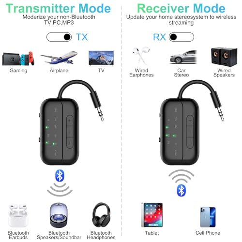 Bluetooth Transmitter Receiver, 2-in-1 V5.3 Wireless Adapter for Airplane, TV, PC, Gym, Switch. Supports up to 2 AirPods/Headphones. Audio Receiver for Car/Home Stereo,with AptX Low Latency & HD - color: Black