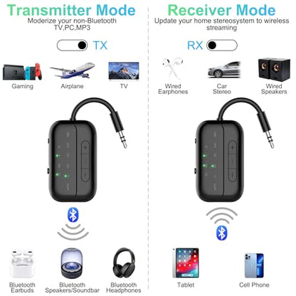 Bluetooth Transmitter Receiver, 2-in-1 V5.3 Wireless Adapter for Airplane, TV, PC, Gym, Switch. Supports up to 2 AirPods/Headphones. Audio Receiver for Car/Home Stereo,with AptX Low Latency & HD - color: Black