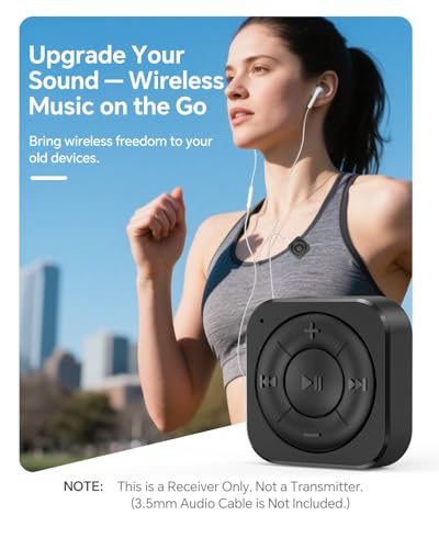 MIPEACE Headphone Bluetooth Adapter for Wired Headphones, Black | Receiver only, not transmitter, Bluetooth 5.3, built-in mic, clip-on, USB-C pass-through charging, 10+ hr playtime