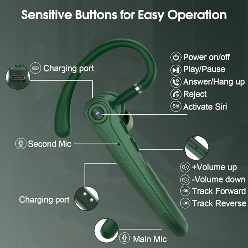 Bluetooth Headset, Wireless Bluetooth Earpiece with ENC Noise Canceling Mic, 120Hrs Talk Single-Ear Headphones, LED Display, IPX7, V5.4 Hand-Free Earphone for Business/Trucker/Driver (Dark Green)