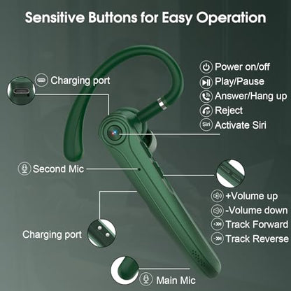 Bluetooth Headset, Wireless Bluetooth Earpiece with ENC Noise Canceling Mic, 120Hrs Talk Single-Ear Headphones, LED Display, IPX7, V5.4 Hand-Free Earphone for Business/Trucker/Driver (Dark Green)