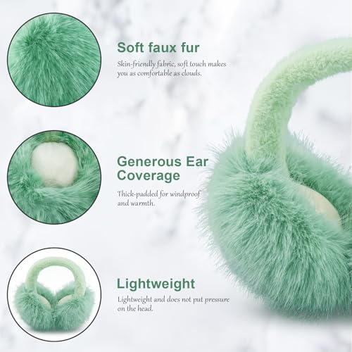 Earmuffs for Women Girls Faux Fur Fuzzy Headband Foldable Ear Covers Cold Weather Accessory - color: Green